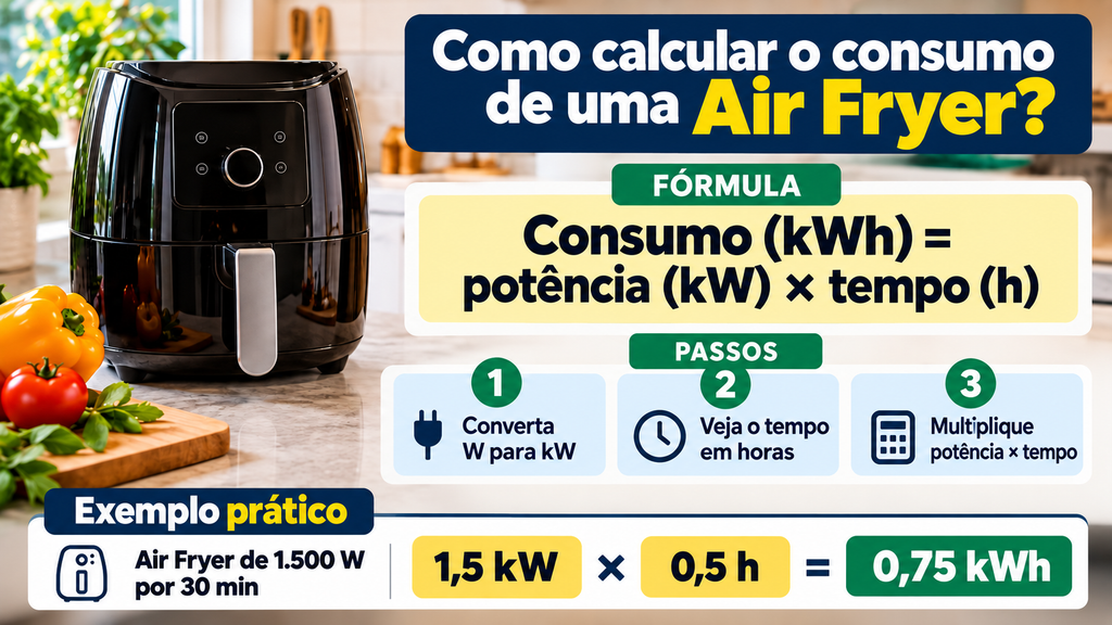Infográfico mostrando como calcular o consumo de energia de uma Air Fryer em kWh